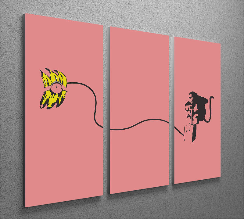 Banksy Monkey Banana Bomb Red 3-panel canvas print featuring vibrant colors and modern art design, perfect for home or office decor.