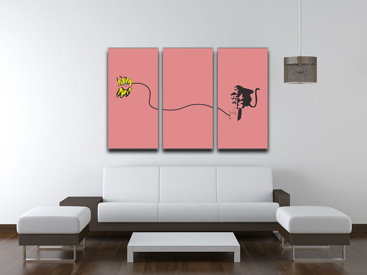 Banksy Monkey Banana Bomb Red 3-panel canvas print featuring vibrant colors and modern art design, perfect for home or office decor.