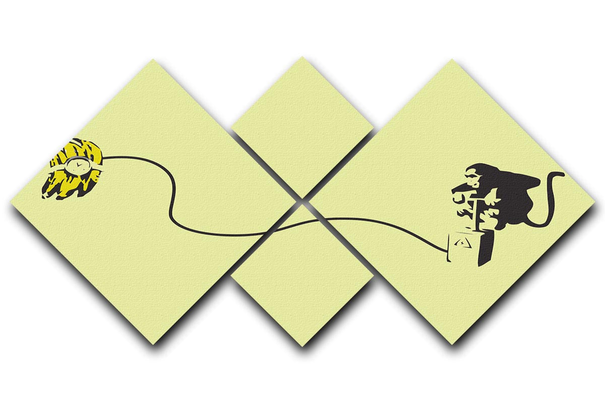 Banksy Monkey Banana Bomb Yellow 4 Square Multi Panel Canvas artwork featuring a playful monkey with a banana bomb in vibrant yellow.