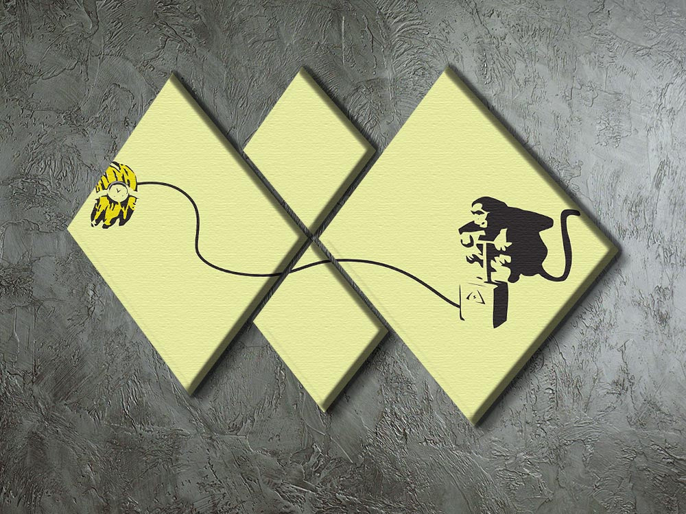Banksy Monkey Banana Bomb Yellow 4 Square Multi Panel Canvas artwork featuring a playful monkey with a banana bomb in vibrant yellow.