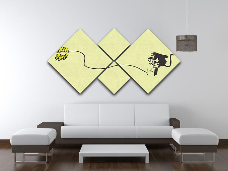 Banksy Monkey Banana Bomb Yellow 4 Square Multi Panel Canvas artwork featuring a playful monkey with a banana bomb in vibrant yellow.