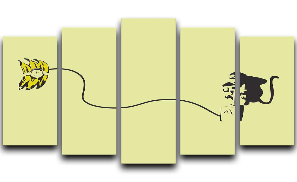 Banksy Monkey Banana Bomb Yellow 5 Split Panel Canvas artwork featuring a vibrant yellow monkey with a banana bomb, divided into five panels.
