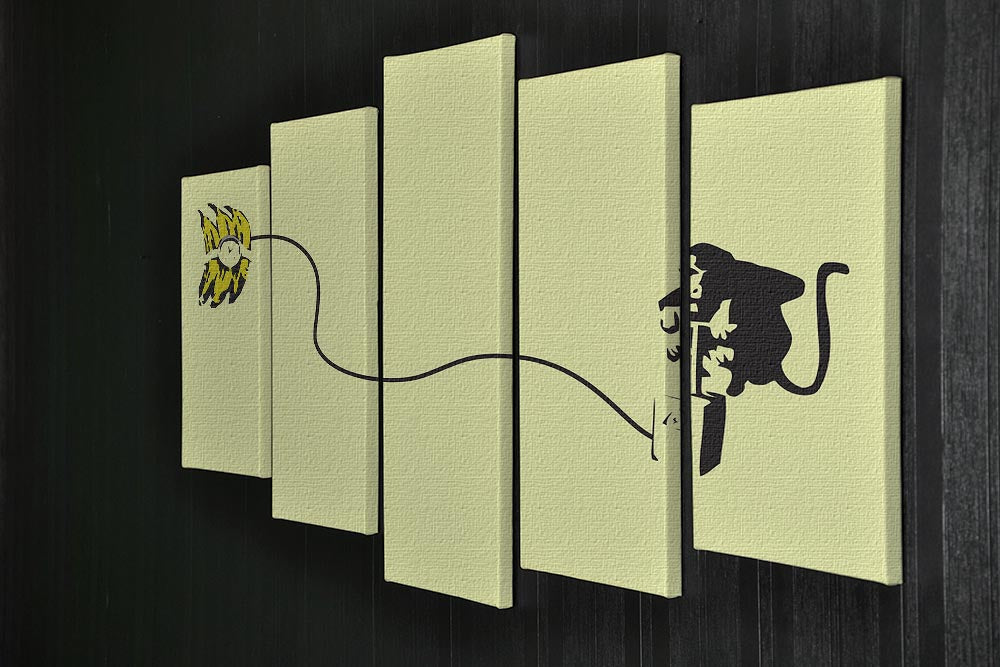 Banksy Monkey Banana Bomb Yellow 5 Split Panel Canvas artwork featuring a vibrant yellow monkey with a banana bomb, divided into five panels.
