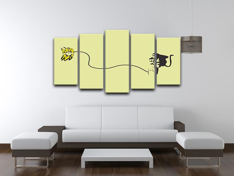 Banksy Monkey Banana Bomb Yellow 5 Split Panel Canvas artwork featuring a vibrant yellow monkey with a banana bomb, divided into five panels.