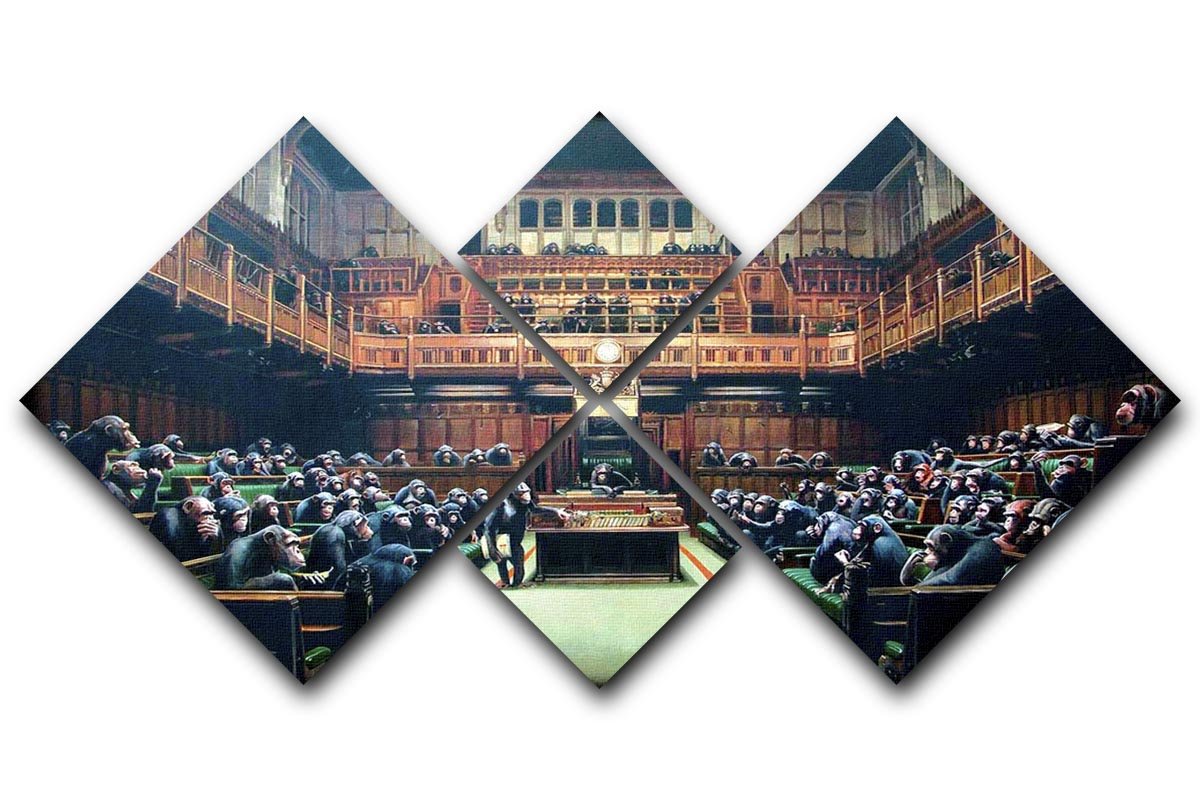 Banksy Monkey Parliament 4 Square Multi Panel Canvas featuring four panels of monkeys in a parliamentary setting.