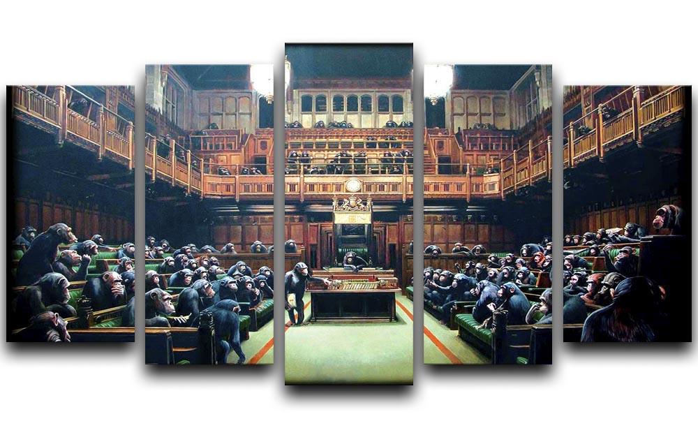 Banksy Monkey Parliament artwork displayed on a 5-split canvas, showcasing vibrant colors and dynamic design.