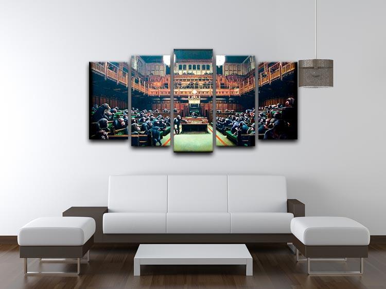 Banksy Monkey Parliament artwork displayed on a 5-split canvas, showcasing vibrant colors and dynamic design.