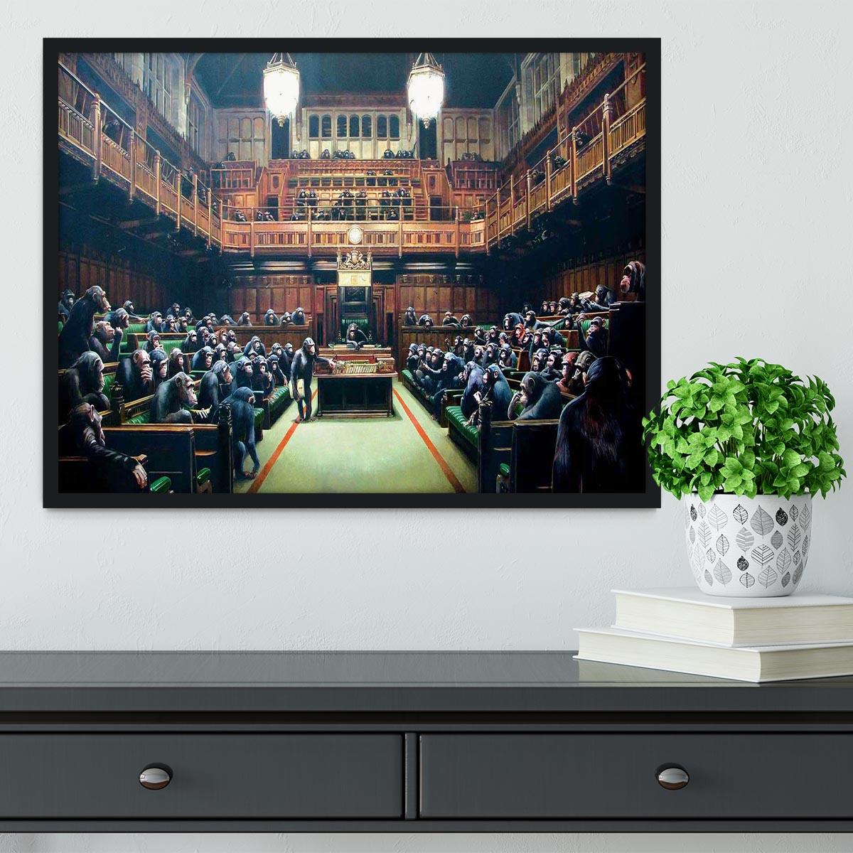 Banksy Monkey Parliament Framed Print showcasing vibrant colors and quality craftsmanship in a stylish frame.