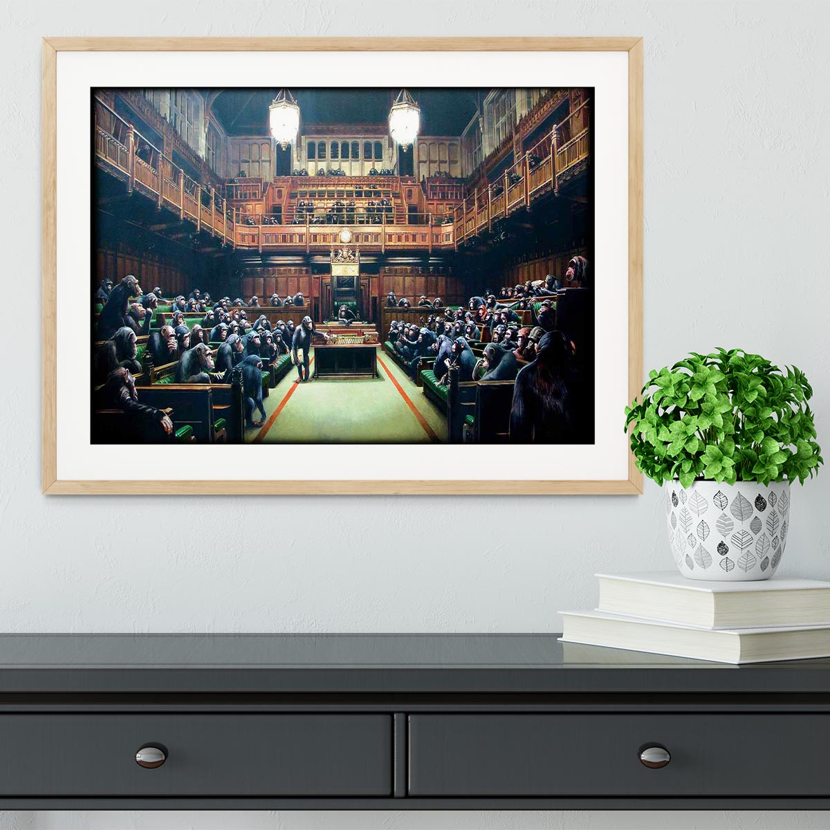 Banksy Monkey Parliament Framed Print showcasing vibrant colors and quality craftsmanship in a stylish frame.