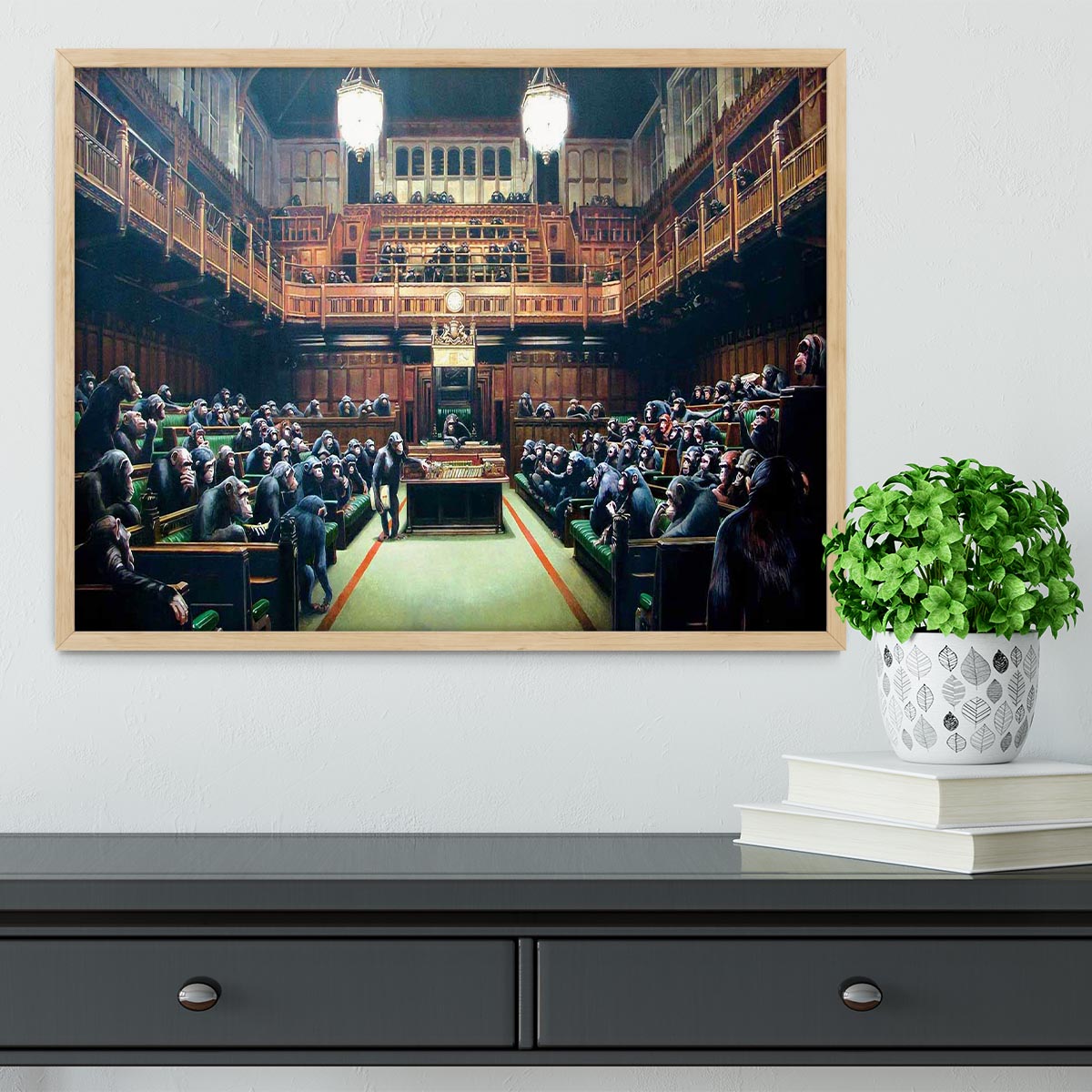Banksy Monkey Parliament Framed Print showcasing vibrant colors and quality craftsmanship in a stylish frame.
