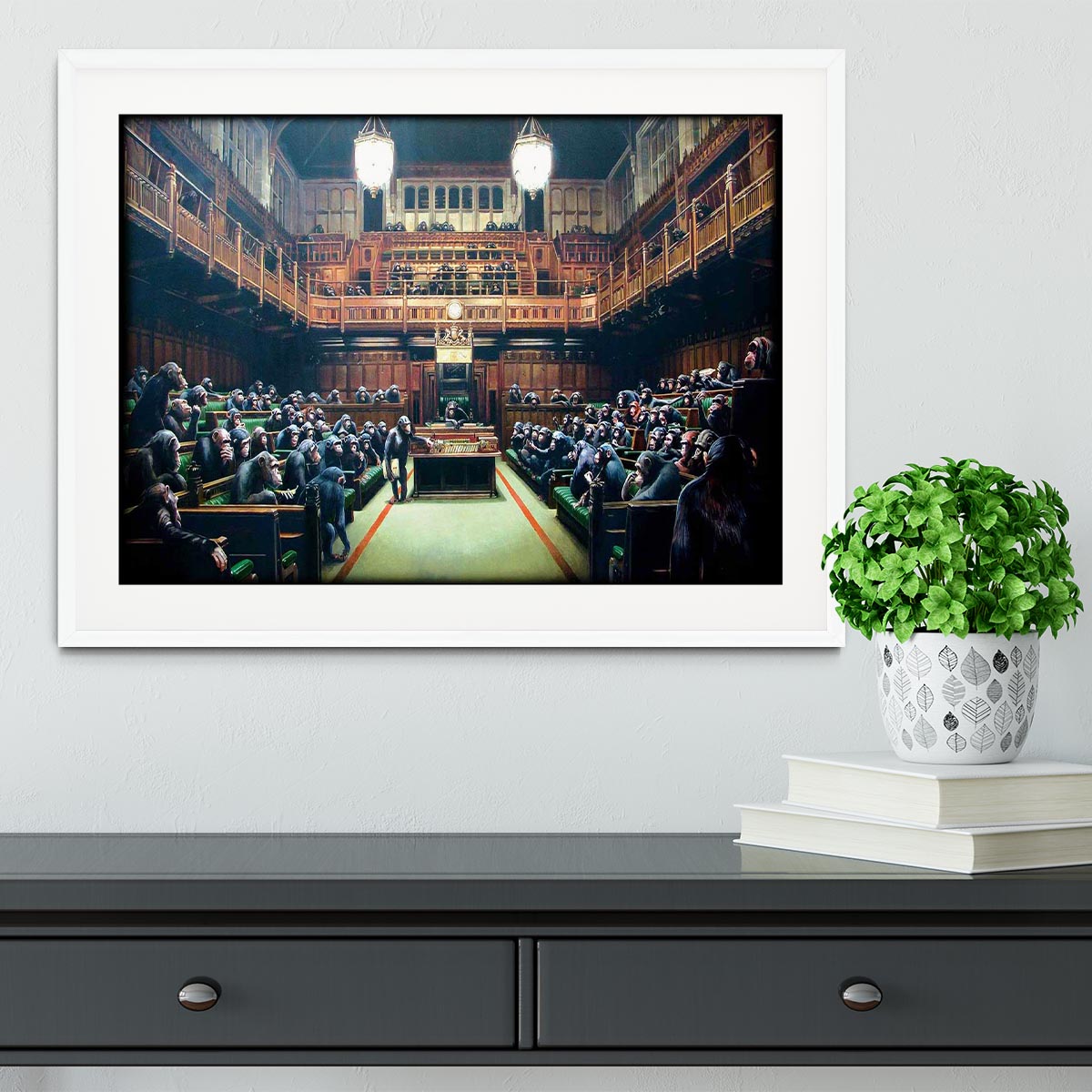 Banksy Monkey Parliament Framed Print showcasing vibrant colors and quality craftsmanship in a stylish frame.