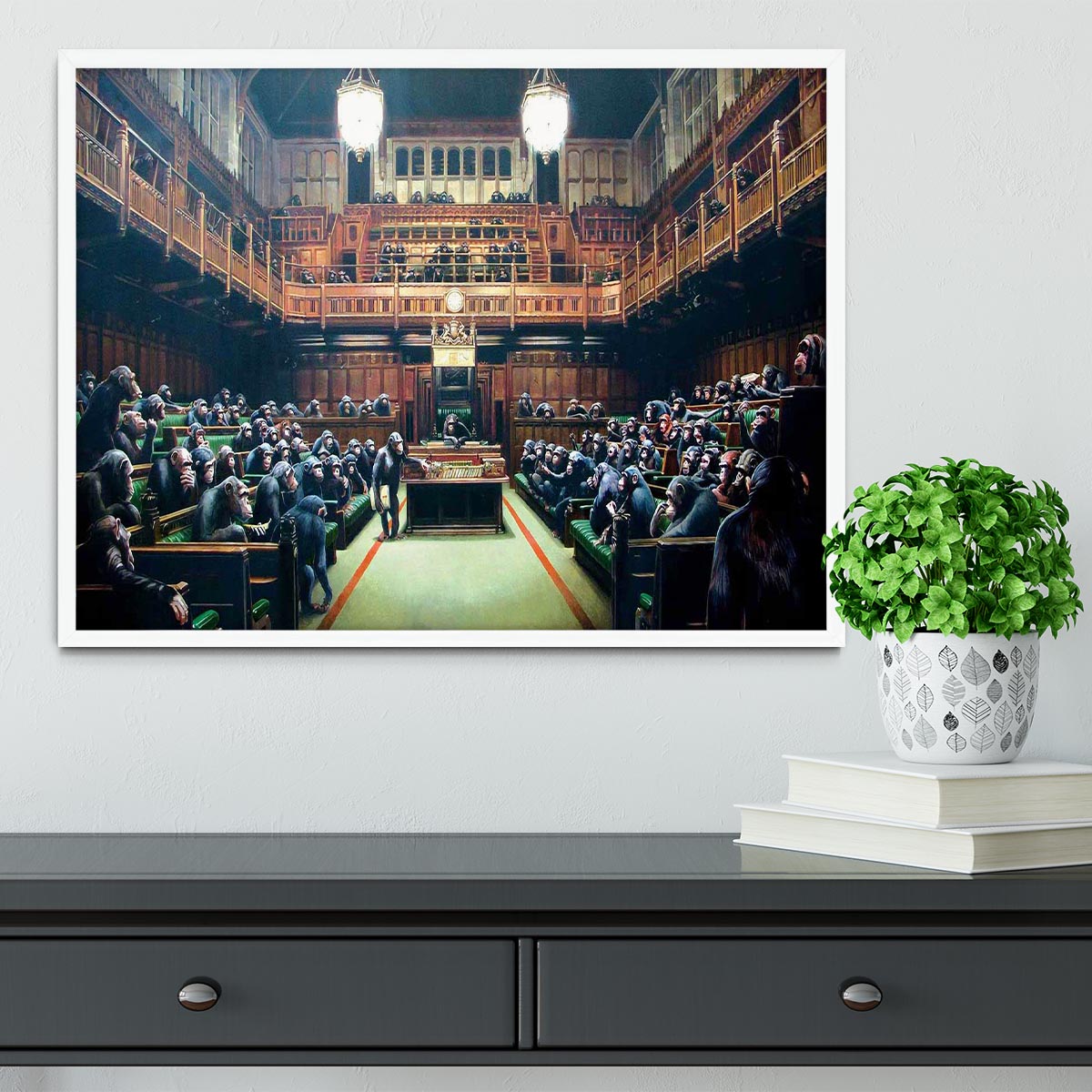 Banksy Monkey Parliament Framed Print showcasing vibrant colors and quality craftsmanship in a stylish frame.