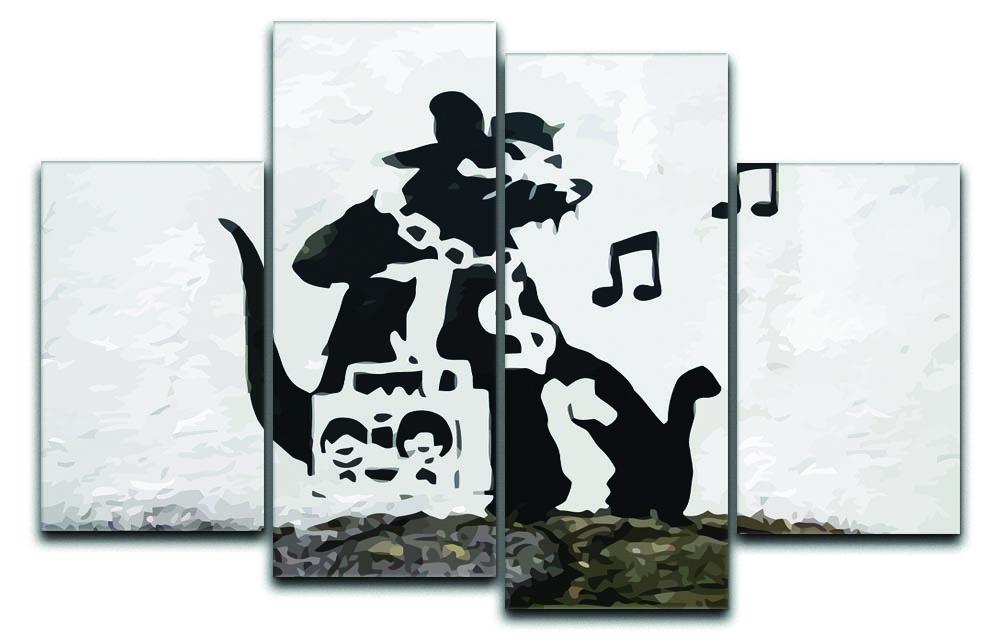 Banksy Music Rat 4 Split Panel Canvas artwork featuring a rat with musical elements, divided into four panels for a dynamic display.