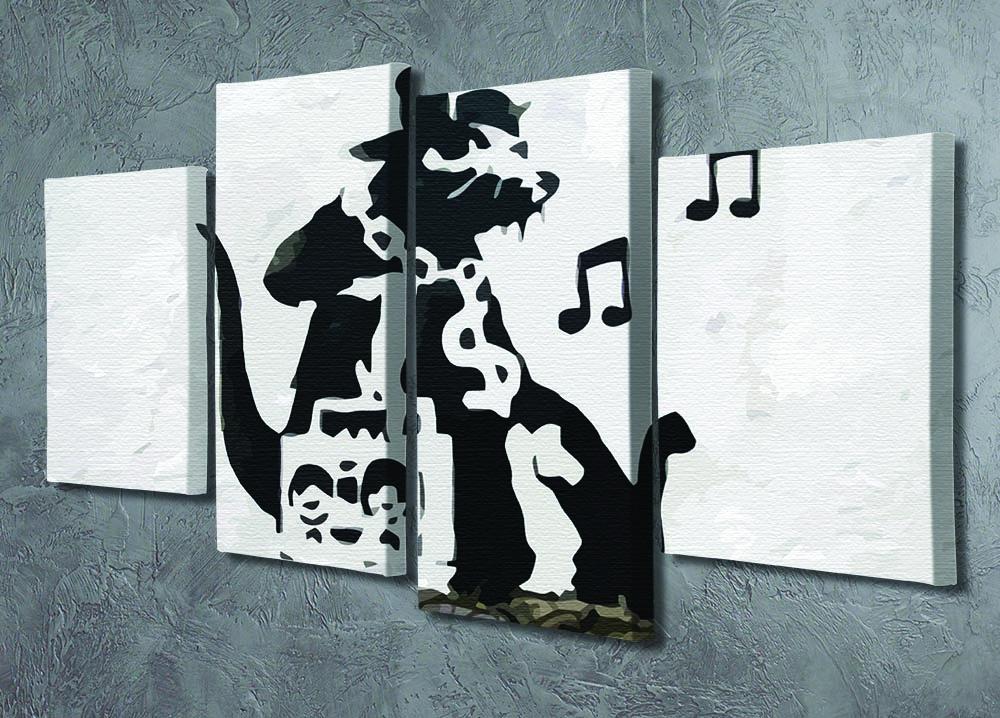 Banksy Music Rat 4 Split Panel Canvas artwork featuring a rat with musical elements, divided into four panels for a dynamic display.