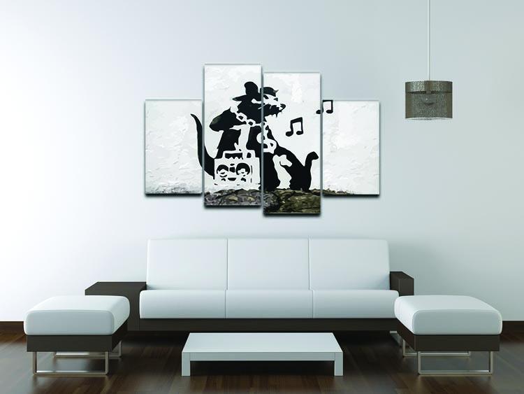 Banksy Music Rat 4 Split Panel Canvas artwork featuring a rat with musical elements, divided into four panels for a dynamic display.