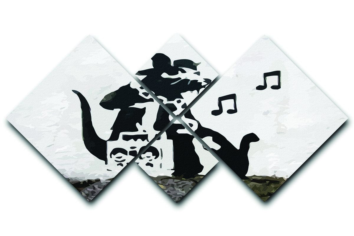 Banksy Music Rat 4 Square Multi Panel Canvas artwork featuring a playful rat design in four equal sections, perfect for modern decor.