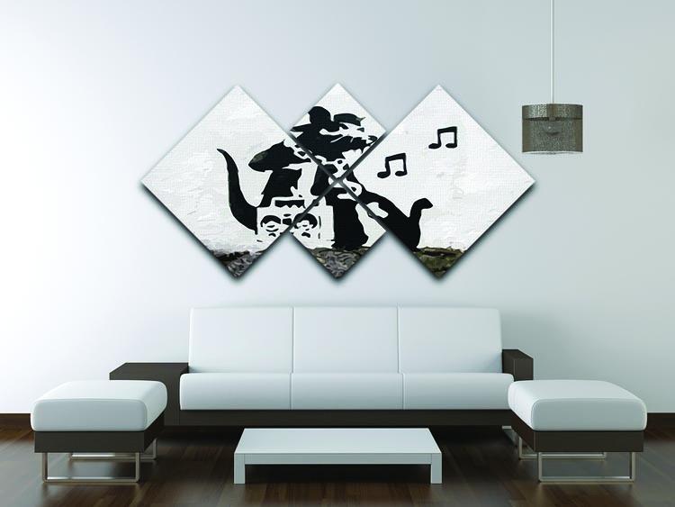 Banksy Music Rat 4 Square Multi Panel Canvas artwork featuring a playful rat design in four equal sections, perfect for modern decor.
