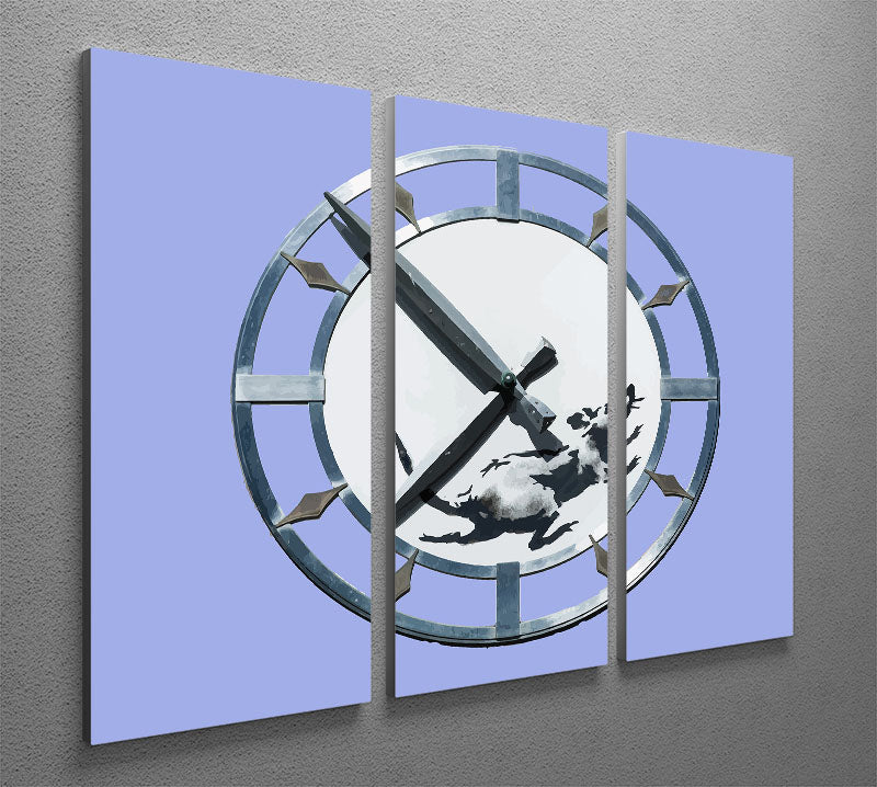 Banksy New York Clock Rat Blue 3 Split Panel Canvas Print showcasing a striking rat design in blue tones, perfect for modern decor.