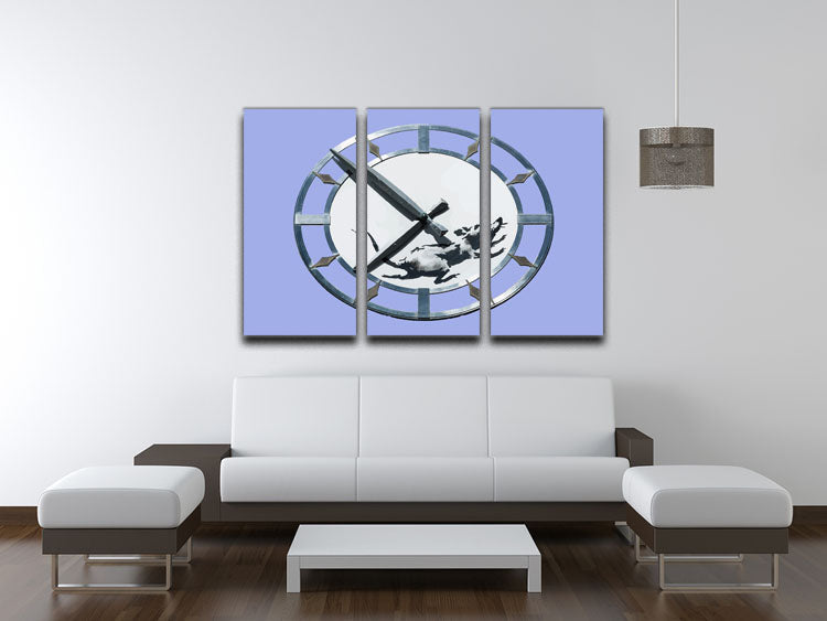 Banksy New York Clock Rat Blue 3 Split Panel Canvas Print showcasing a striking rat design in blue tones, perfect for modern decor.