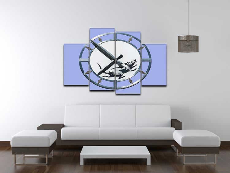 Banksy New York Clock Rat Blue 4 Split Panel Canvas artwork featuring a rat and clock design in blue tones, divided into four panels.