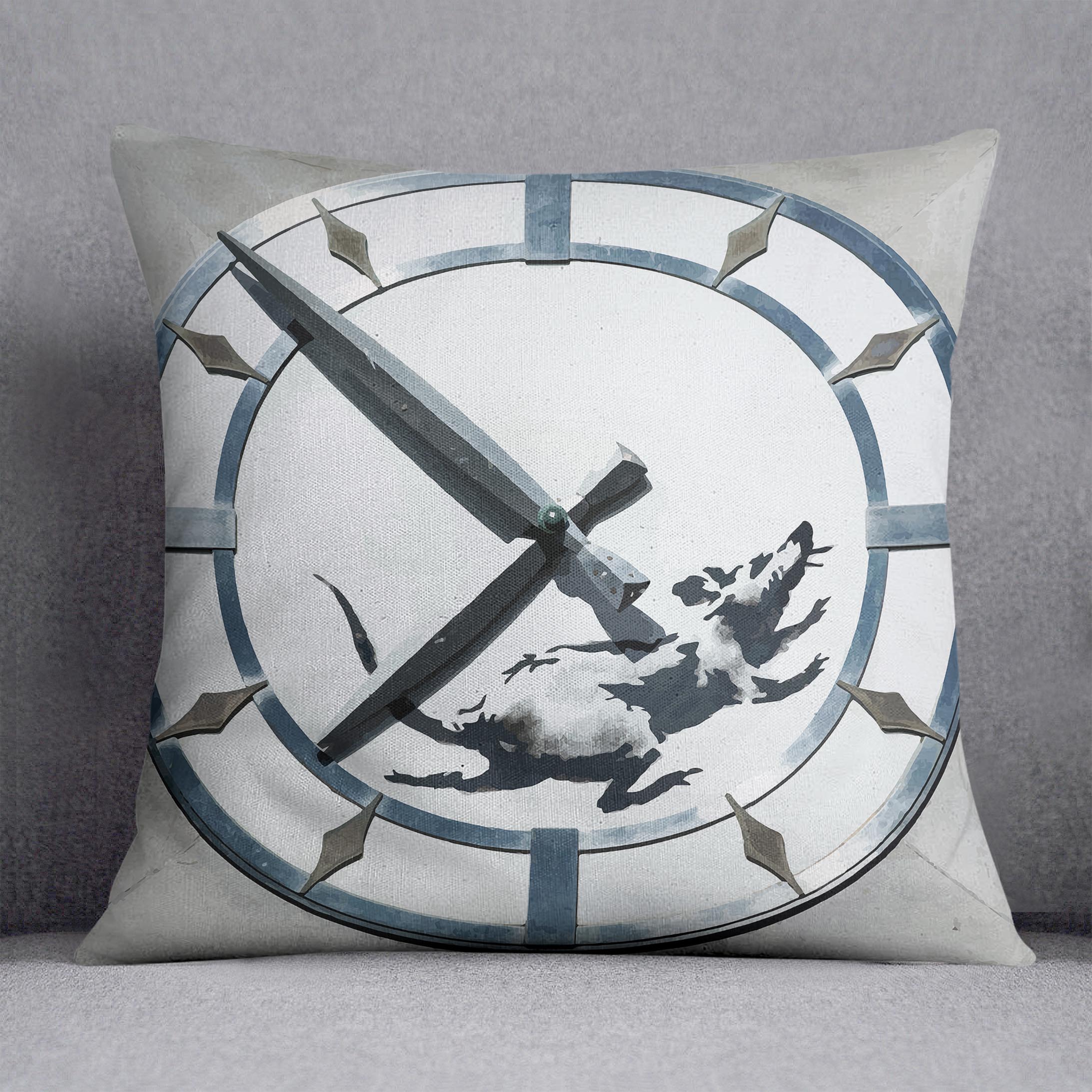 Banksy New York Clock Rat Cushion featuring vibrant abstract design on luxurious vegan faux suede.
