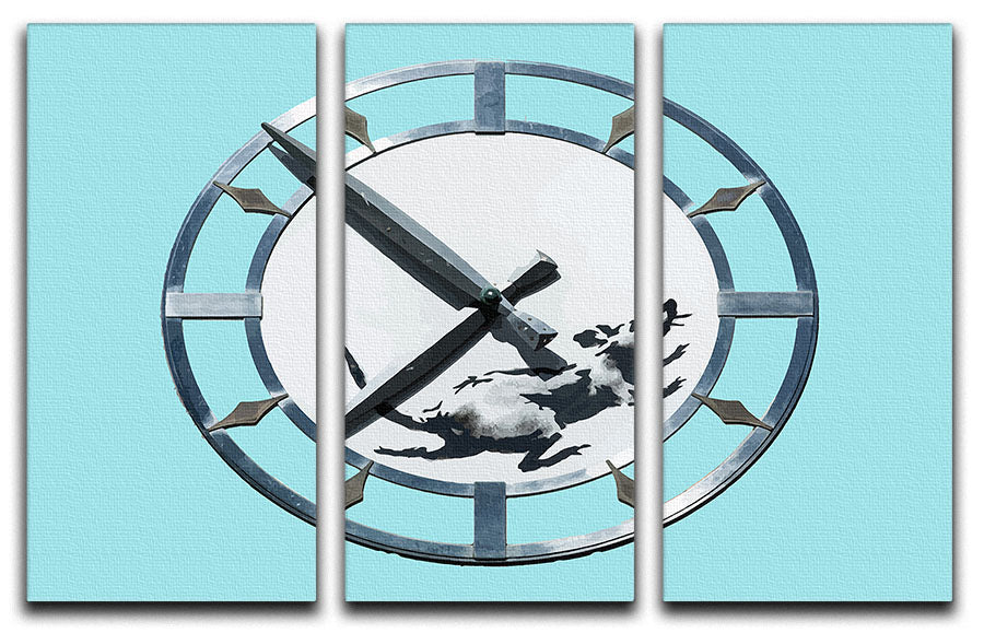 Banksy New York Clock Rat Light Blue 3 Split Panel Canvas Print featuring a rat and clock design in light blue tones, perfect for modern decor.