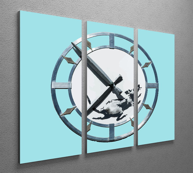 Banksy New York Clock Rat Light Blue 3 Split Panel Canvas Print featuring a rat and clock design in light blue tones, perfect for modern decor.