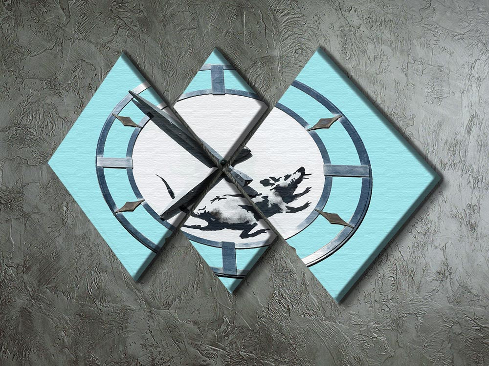 Banksy New York Clock Rat Light Blue 4 Square Multi Panel Canvas artwork featuring a rat and clock design in light blue tones.