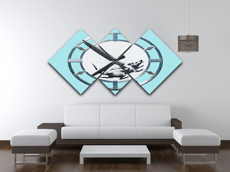 Banksy New York Clock Rat Light Blue 4 Square Multi Panel Canvas artwork featuring a rat and clock design in light blue tones.