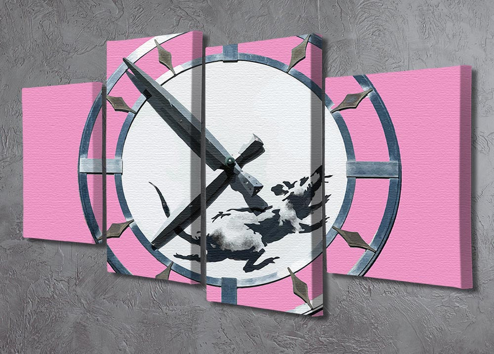 Banksy New York Clock Rat Pink 4 Split Panel Canvas artwork featuring a rat and vibrant pink colors, divided into four panels.