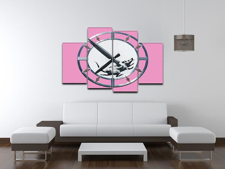 Banksy New York Clock Rat Pink 4 Split Panel Canvas artwork featuring a rat and vibrant pink colors, divided into four panels.