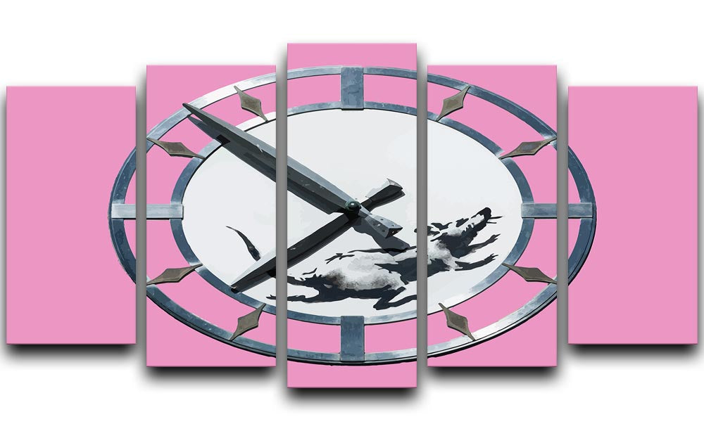 Banksy New York Clock Rat Pink 5 Split Panel Canvas artwork featuring vibrant pink colors and iconic street art design.