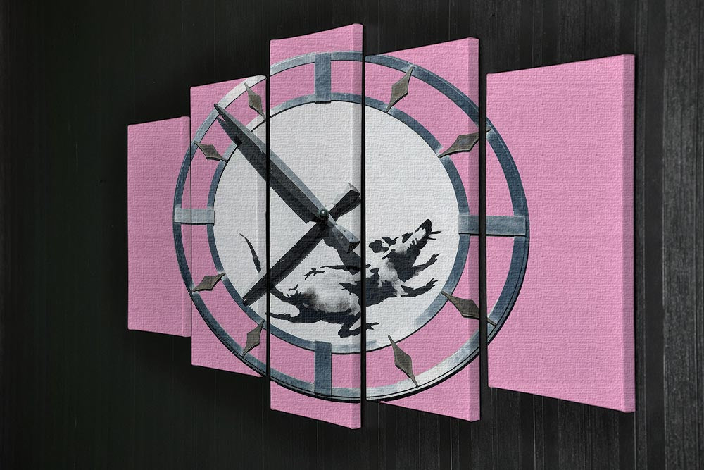 Banksy New York Clock Rat Pink 5 Split Panel Canvas artwork featuring vibrant pink colors and iconic street art design.