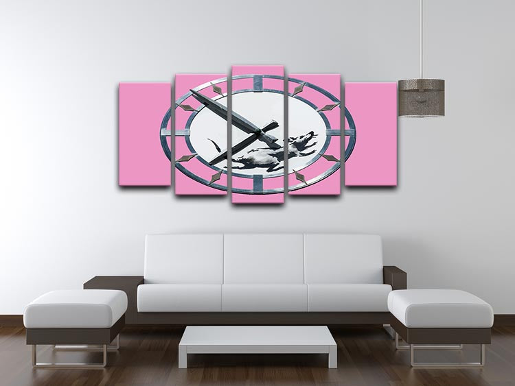 Banksy New York Clock Rat Pink 5 Split Panel Canvas artwork featuring vibrant pink colors and iconic street art design.
