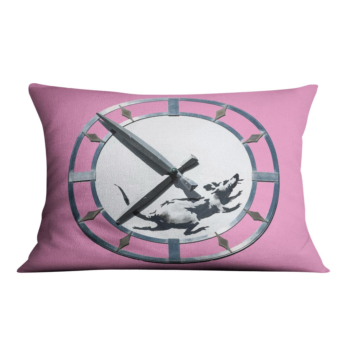 Banksy New York Clock Rat Pink Cushion featuring vibrant abstract design on luxurious vegan faux suede.