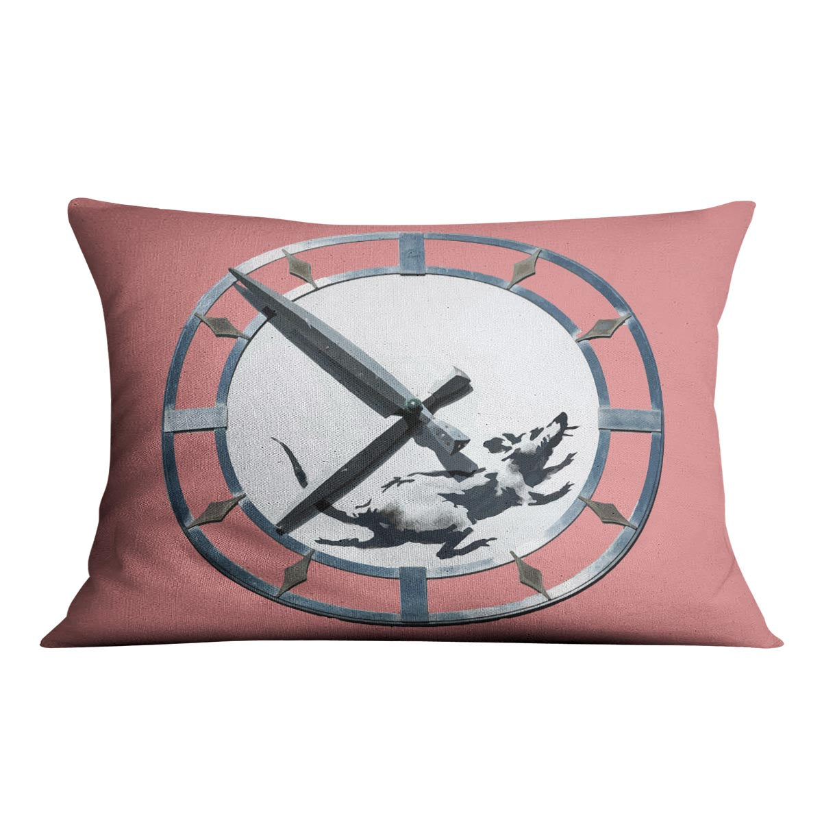 Banksy New York Clock Rat Red Cushion featuring vibrant red design on luxurious vegan faux suede, perfect for home decor.