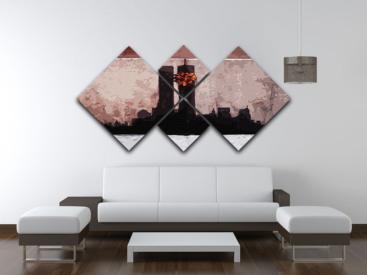 Banksy New York Twin Towers 4 Square Multi Panel Canvas artwork featuring four equal panels with striking urban imagery.