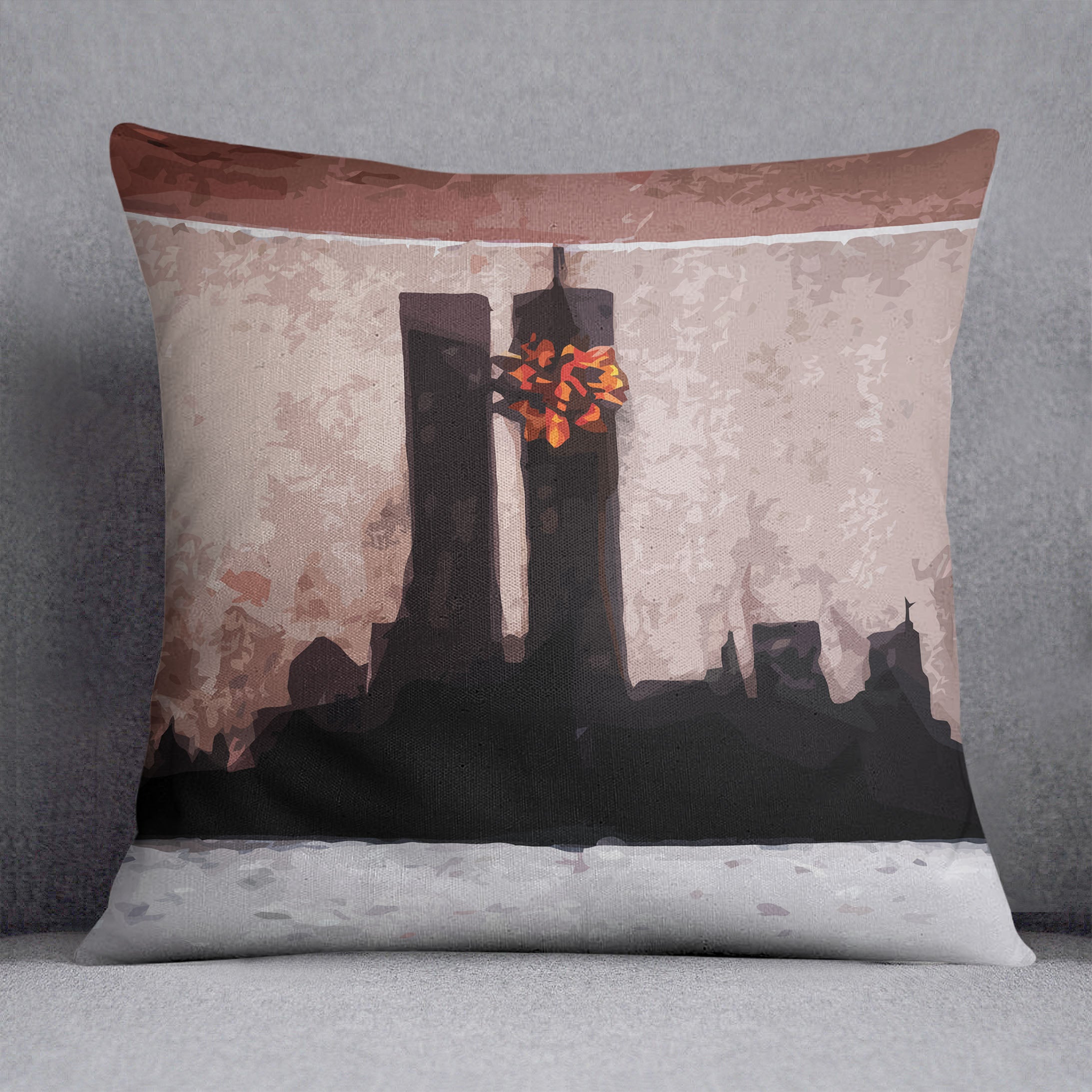 Banksy New York Twin Towers Cushion featuring vibrant abstract design on luxurious vegan faux suede.