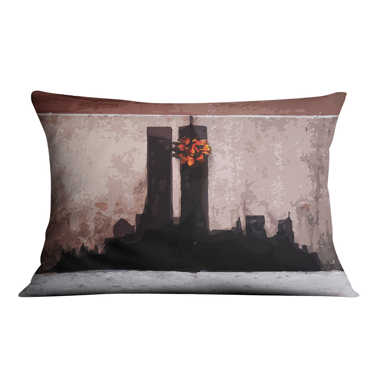 Banksy New York Twin Towers Cushion featuring vibrant abstract design on luxurious vegan faux suede.