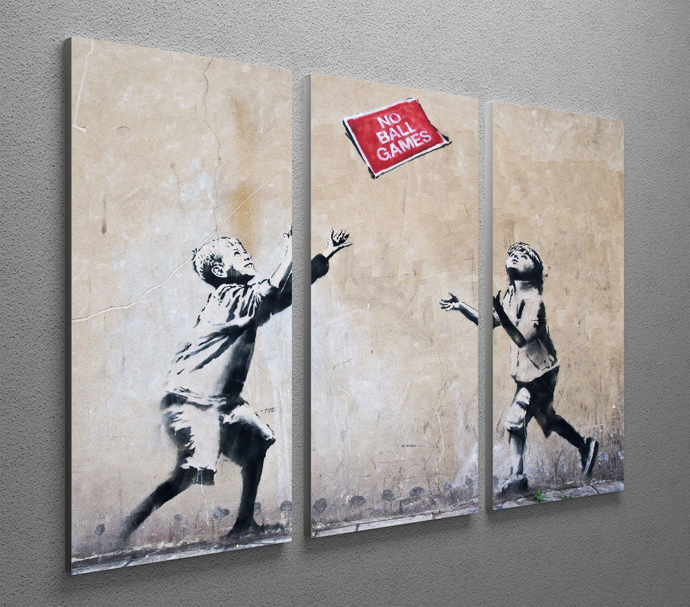 Banksy No Ball Games 3 Split Panel Canvas Print featuring three panels with vibrant street art design.
