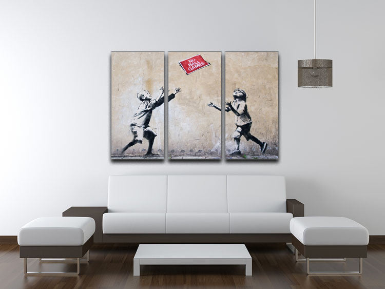 Banksy No Ball Games 3 Split Panel Canvas Print featuring three panels with vibrant street art design.