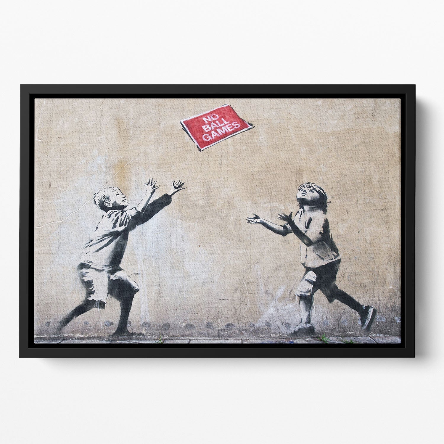 Banksy No Ball Games Floating Framed Canvas featuring vibrant colors and a contemporary design in a handcrafted wooden frame.