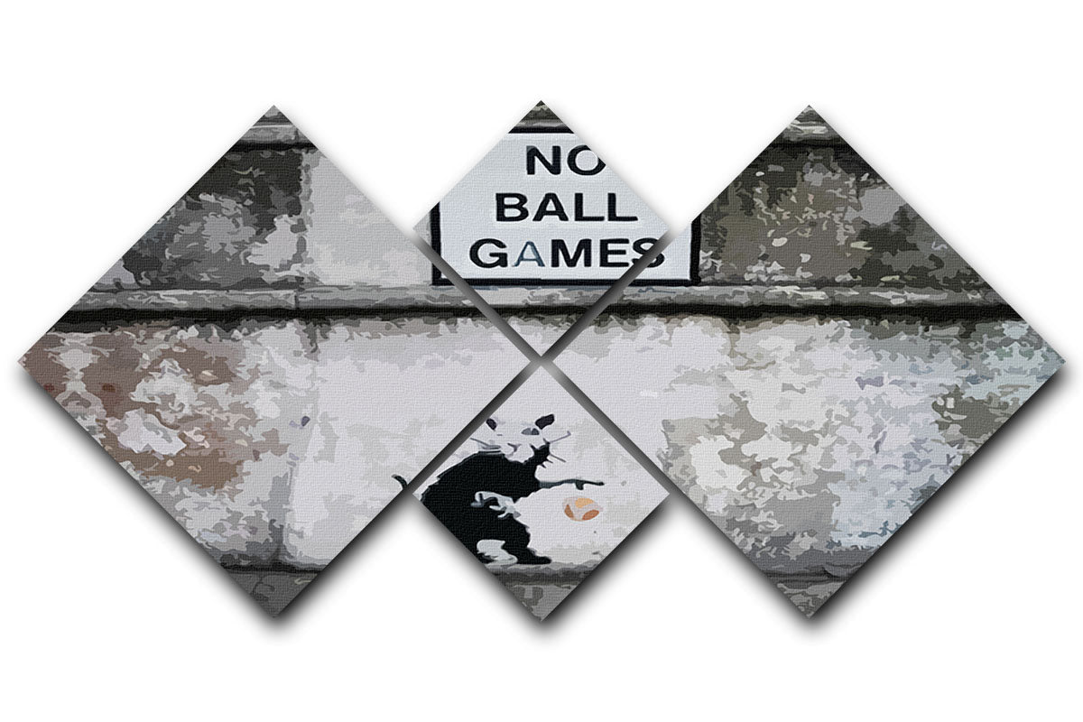 Banksy No Ball Games Rat artwork displayed on a 4-square multi panel canvas, showcasing a playful rat with a thought-provoking message.