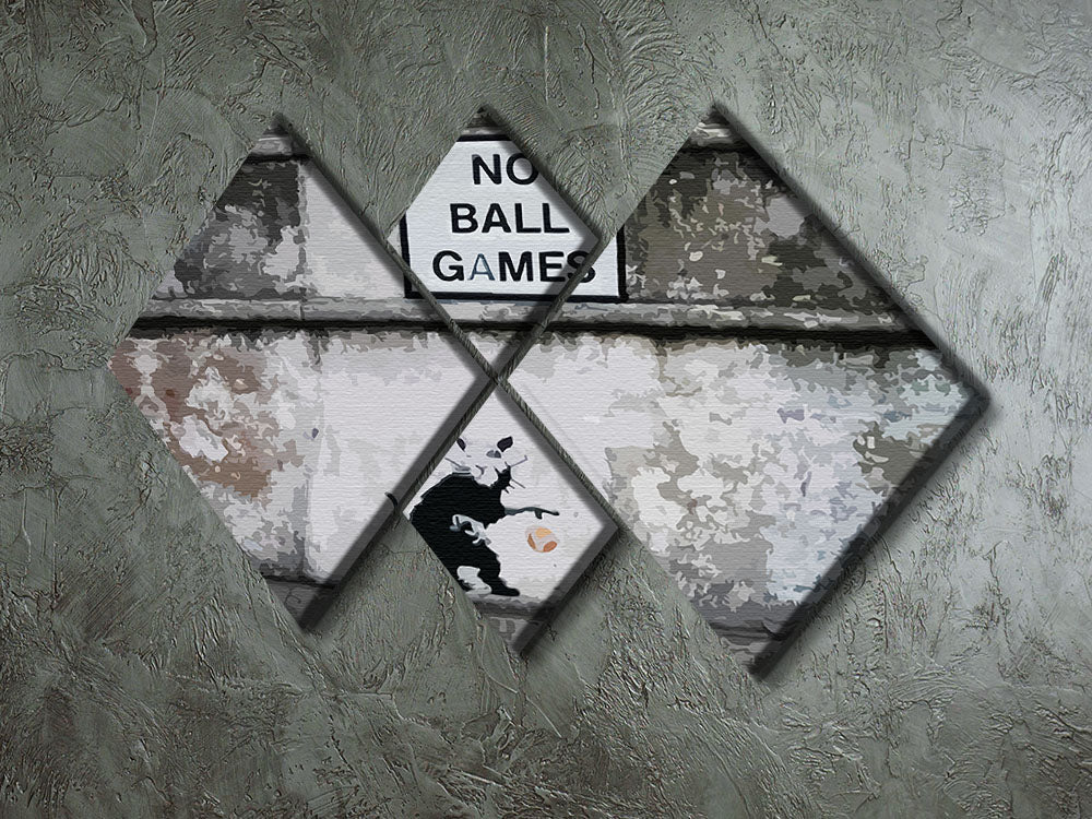 Banksy No Ball Games Rat artwork displayed on a 4-square multi panel canvas, showcasing a playful rat with a thought-provoking message.