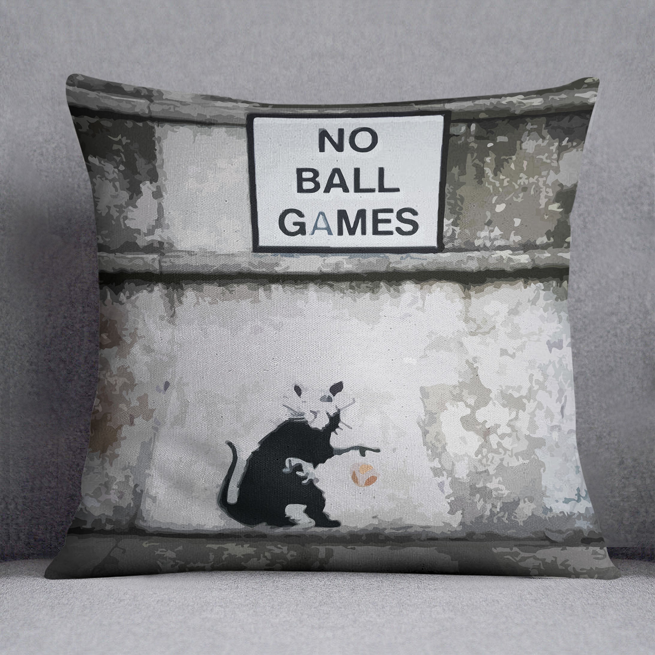 Banksy No Ball Games Rat Cushion featuring vibrant colors and artistic design on luxurious vegan faux suede.