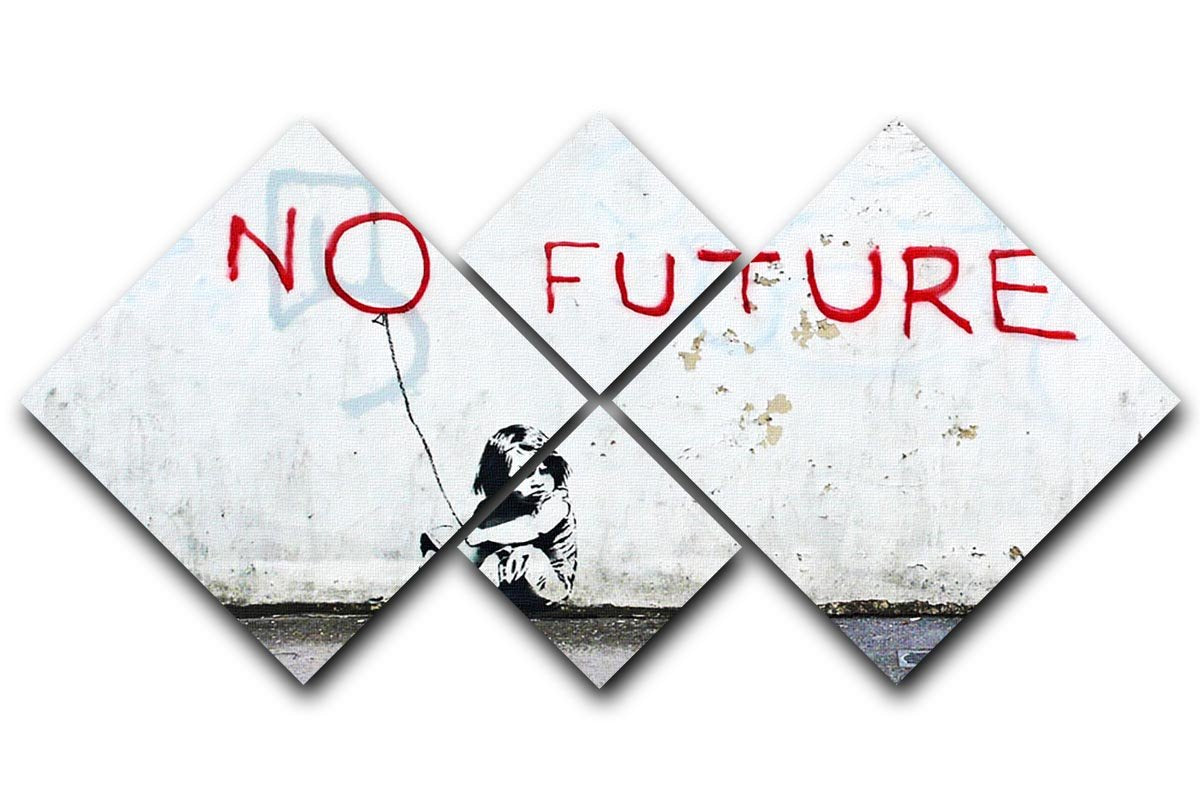 Banksy No Future 4 Square Multi Panel Canvas artwork featuring four equal square sections, showcasing vibrant colors and striking design.