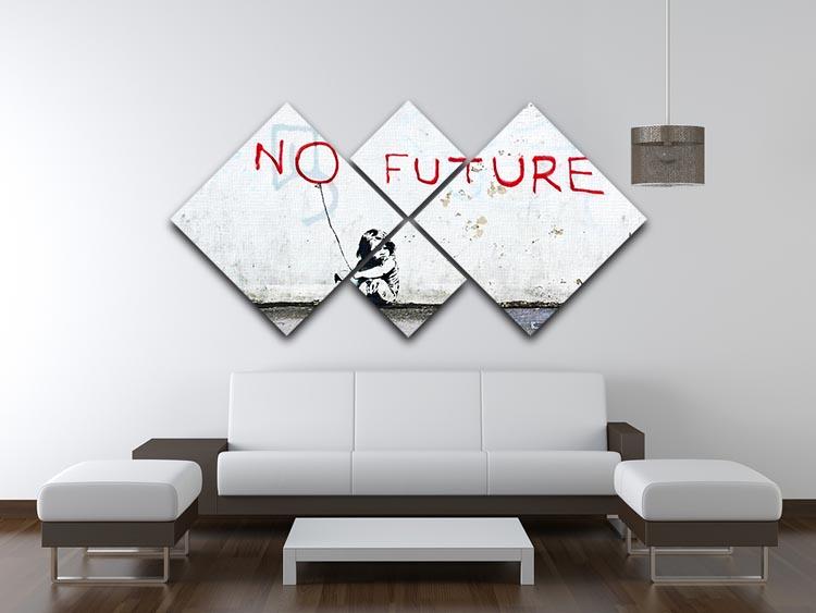 Banksy No Future 4 Square Multi Panel Canvas artwork featuring four equal square sections, showcasing vibrant colors and striking design.