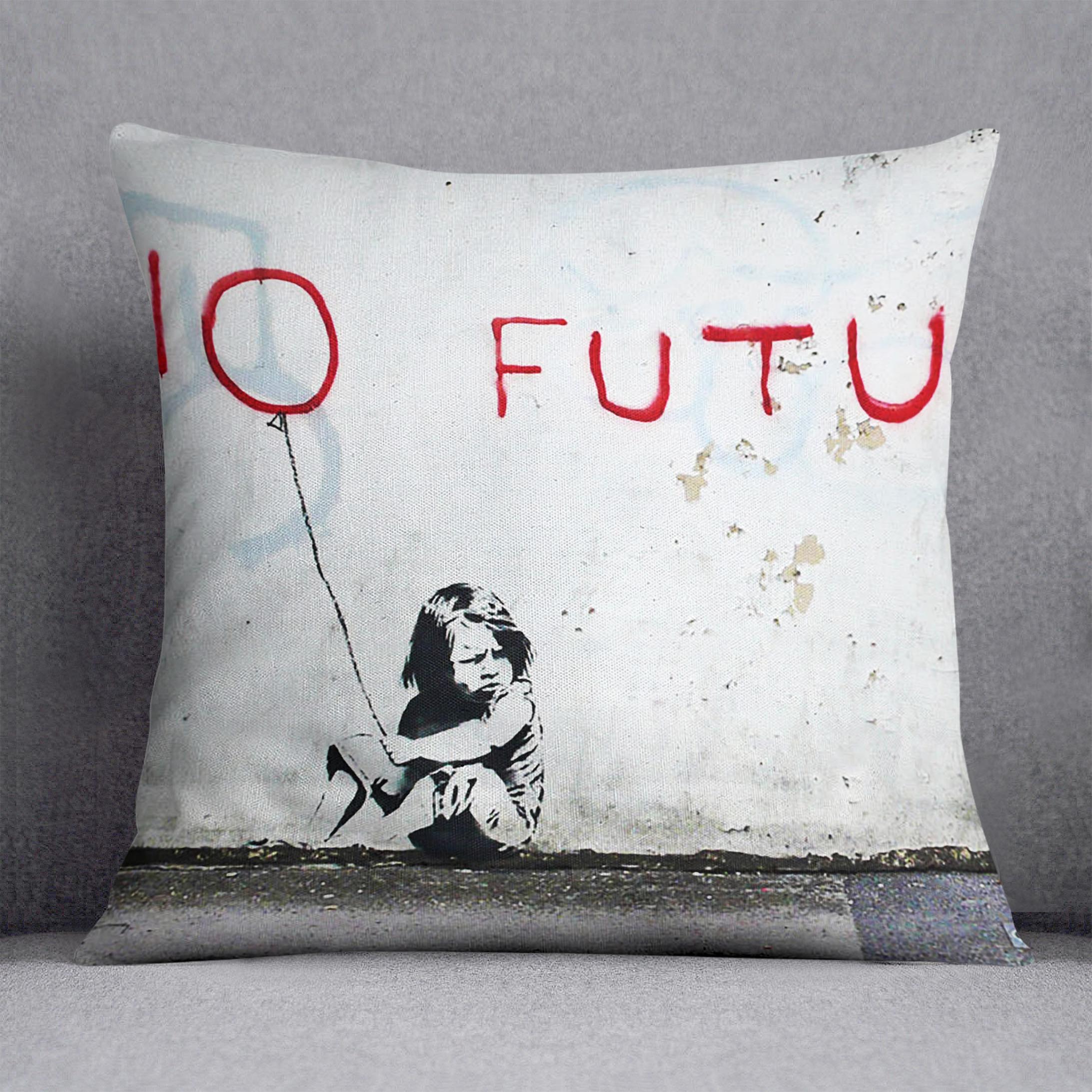 Banksy No Future Cushion featuring vibrant abstract design on luxurious vegan faux suede, perfect for home decor.