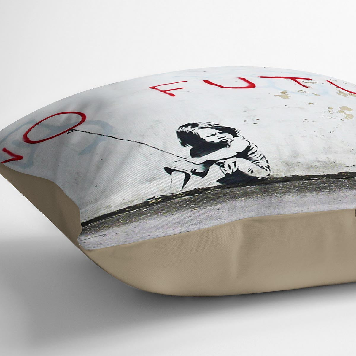 Banksy No Future Cushion featuring vibrant abstract design on luxurious vegan faux suede, perfect for home decor.