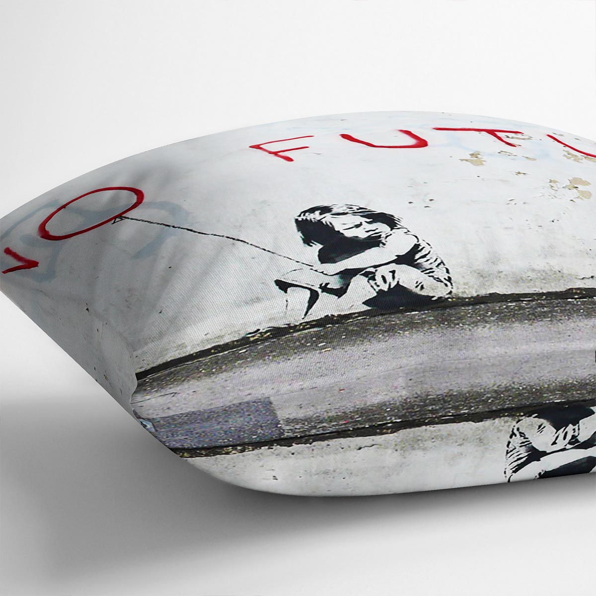 Banksy No Future Cushion featuring vibrant abstract design on luxurious vegan faux suede, perfect for home decor.